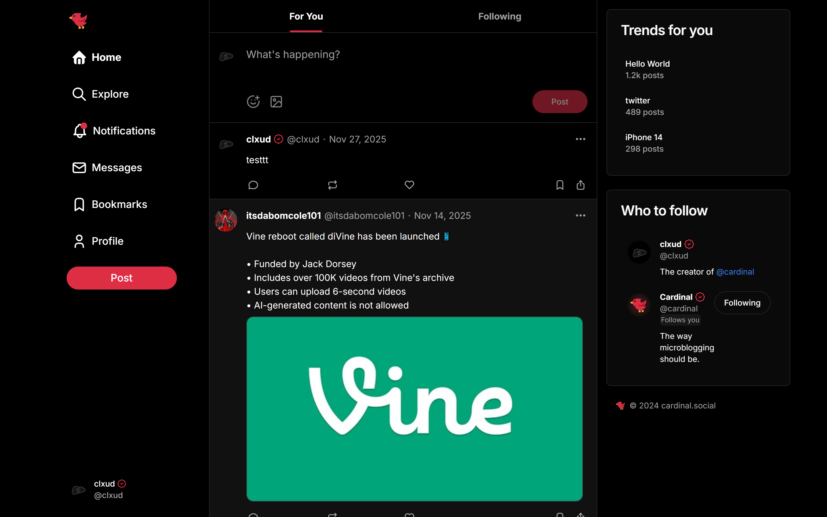 Cardinal microblogging app — a dark social feed