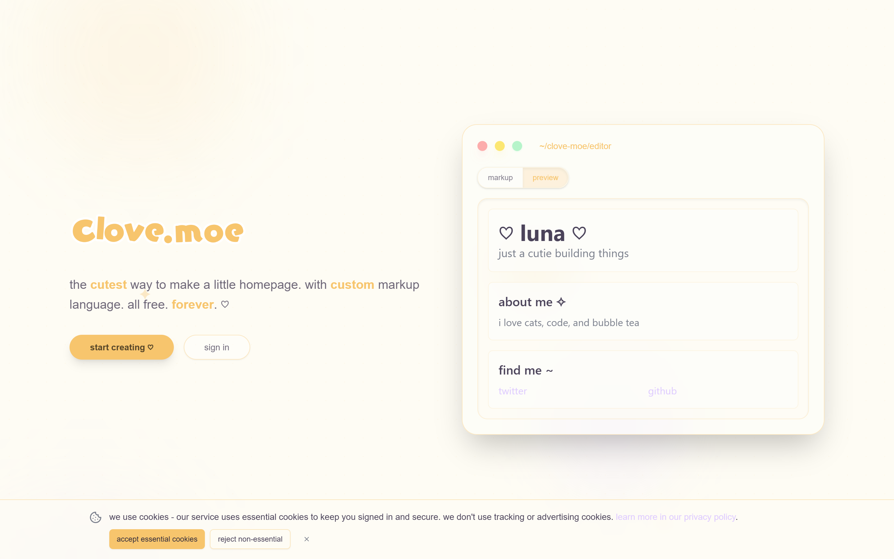Clove.moe — a homepage builder with a custom markup language